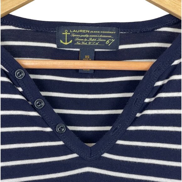 LAUREN JEANS CO. NAVY BLUE STRIPED V-NECK LONG SLEEVE TOP - Picture 3 of 7
